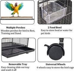 Bird cage Wrought iron with handle wooden perch, Plastic food bawls, and removable tray, Play top bird cage for Small Parrots, Lovebirds, Canaries and Budgies 95 cm (Black)